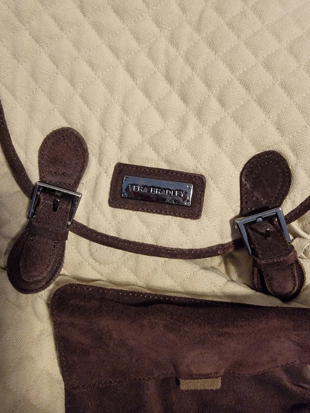 Vera Bradley Cream Canvas Quilted Backpack with Brown Suede Accents